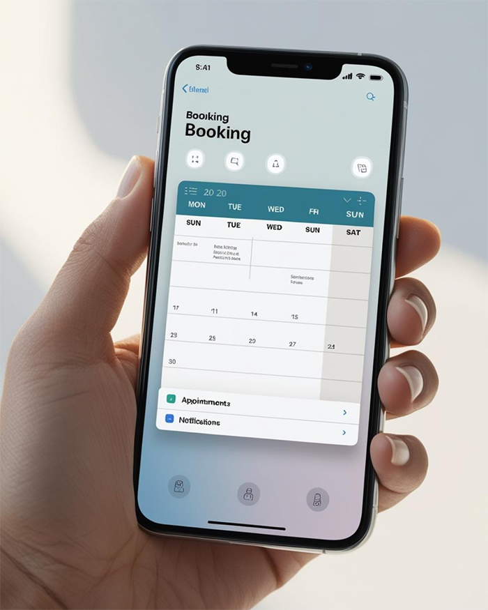 Primer pla d'un mòbil amb una app empresarial activa, destacant el disseny net i funcions com reserves o notificacions.
